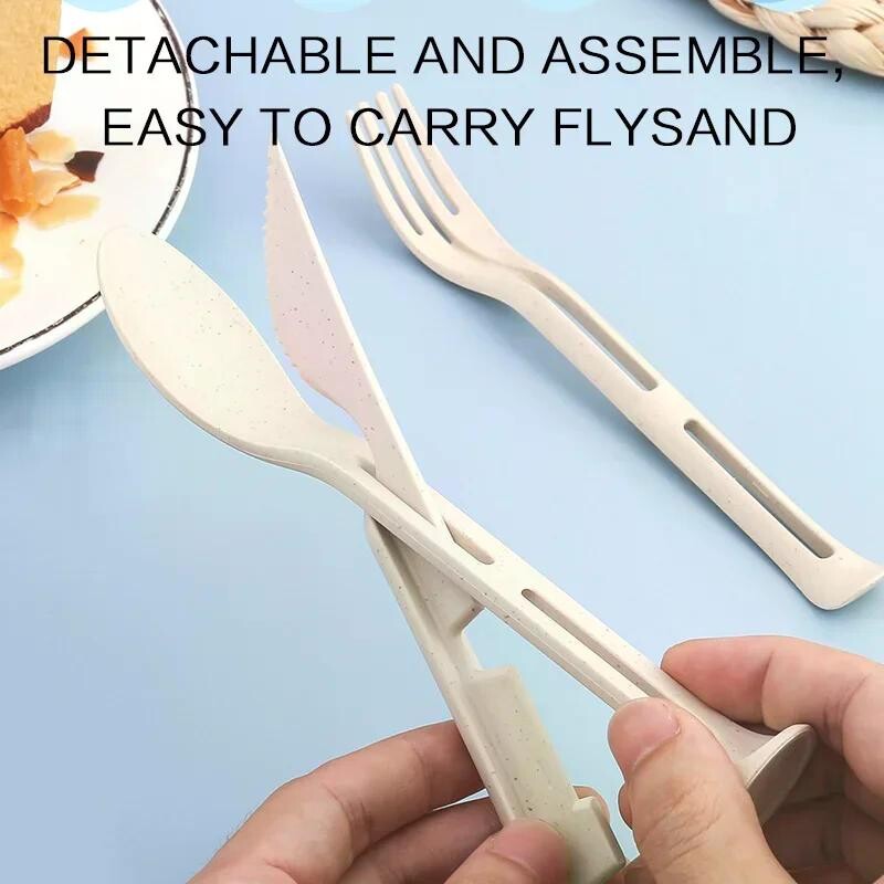 3 gab. Pārnēsājams galda piederumu komplekts Kviešu salmu trauku trauki noņemami galda piederumi ceļojumu galda piederumi piknika trauku komplekts kempinga galda piederumu komplekts