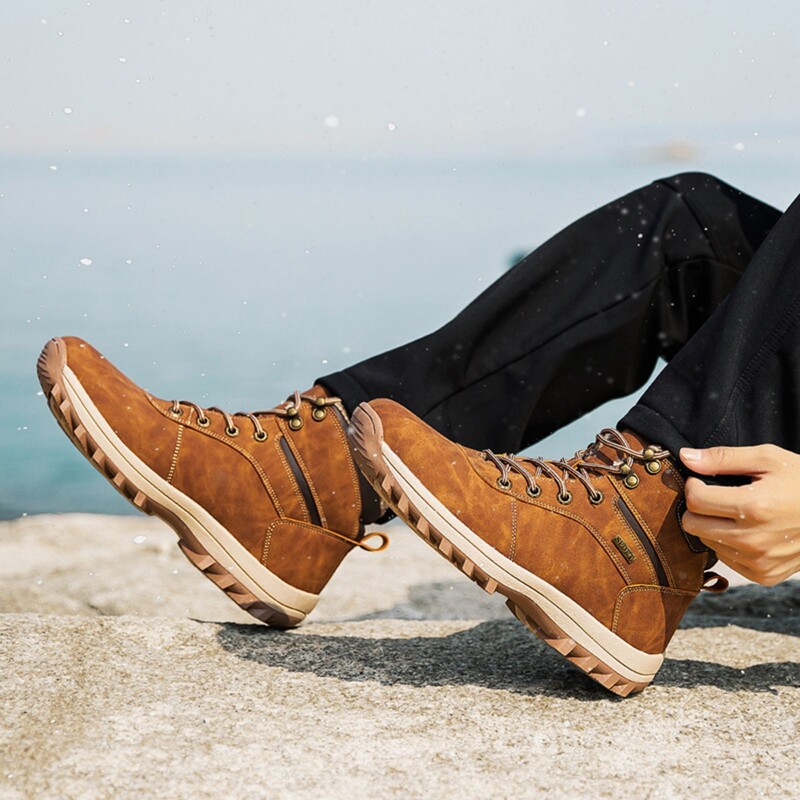 Vīriešu pārgājienu apavi, ziemas āra sniega zābaki, mākslīgās ādas PU augšdaļa, ūdensnecaurlaidīga, neslīdoša zole, silta, īsa samta