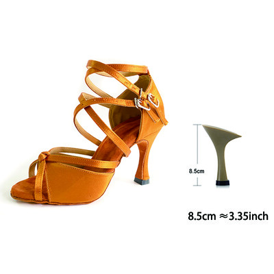 Pantofi de dans salsa latină Bronz maro satin branț moale piele de căprioară pentru interior Talpă din cauciuc în aer liber personalizați 9 cm pantofi de dans confortabili