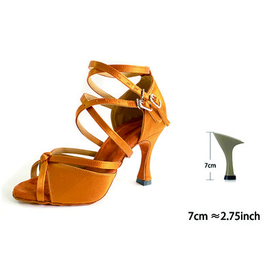 Pantofi de dans salsa latină Bronz maro satin branț moale piele de căprioară pentru interior Talpă din cauciuc în aer liber personalizați 9 cm pantofi de dans confortabili