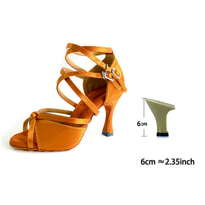 Pantofi de dans salsa latină Bronz maro satin branț moale piele de căprioară pentru interior Talpă din cauciuc în aer liber personalizați 9 cm pantofi de dans confortabili