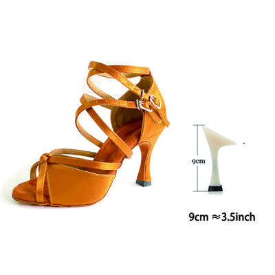 Pantofi de dans salsa latină Bronz maro satin branț moale piele de căprioară pentru interior Talpă din cauciuc în aer liber personalizați 9 cm pantofi de dans confortabili