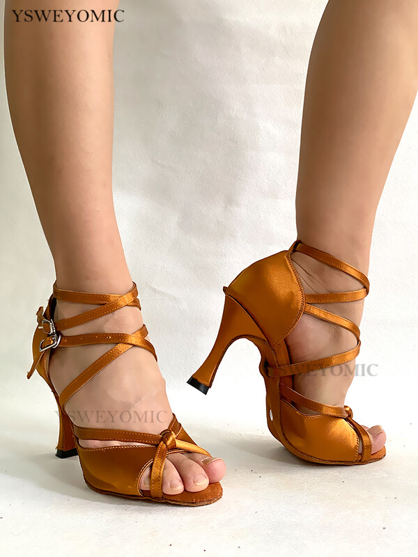 Pantofi de dans salsa latină Bronz maro satin branț moale piele de căprioară pentru interior Talpă din cauciuc în aer liber personalizați 9 cm pantofi de dans confortabili