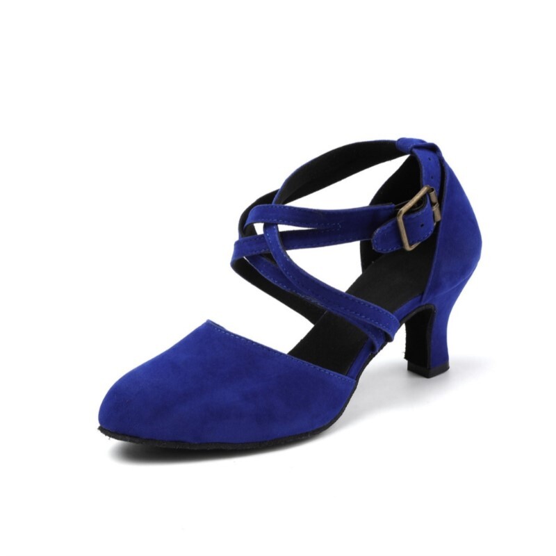 Mėlynas zomšinis paviršius Šokių bateliai Lotynų Amerikos šiuolaikinio kvadratinio šokio spektaklio šokių bateliai Moteriški dvigubi kryžminiai kaklaraiščiai Aukštakulniai 6,5 cm