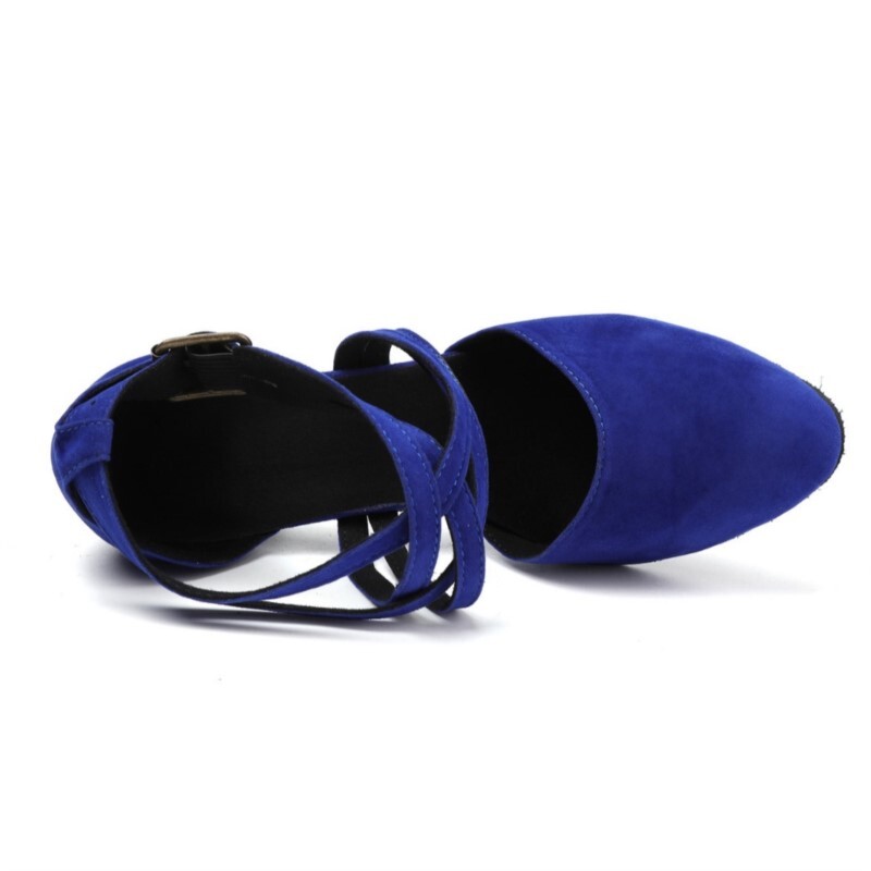 Mėlynas zomšinis paviršius Šokių bateliai Lotynų Amerikos šiuolaikinio kvadratinio šokio spektaklio šokių bateliai Moteriški dvigubi kryžminiai kaklaraiščiai Aukštakulniai 6,5 cm