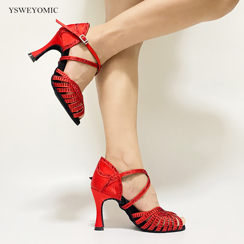 Červené kamienky, červené saténové prispôsobené topánky na latinskoamerické tance do interiéru a exteriéru 2023, nový štýl, latinskoamerické tanečné topánky na salsu a párty pre dievčatá