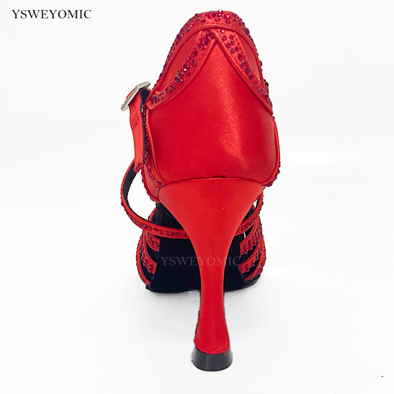 Červené kamienky, červené saténové prispôsobené topánky na latinskoamerické tance do interiéru a exteriéru 2023, nový štýl, latinskoamerické tanečné topánky na salsu a párty pre dievčatá