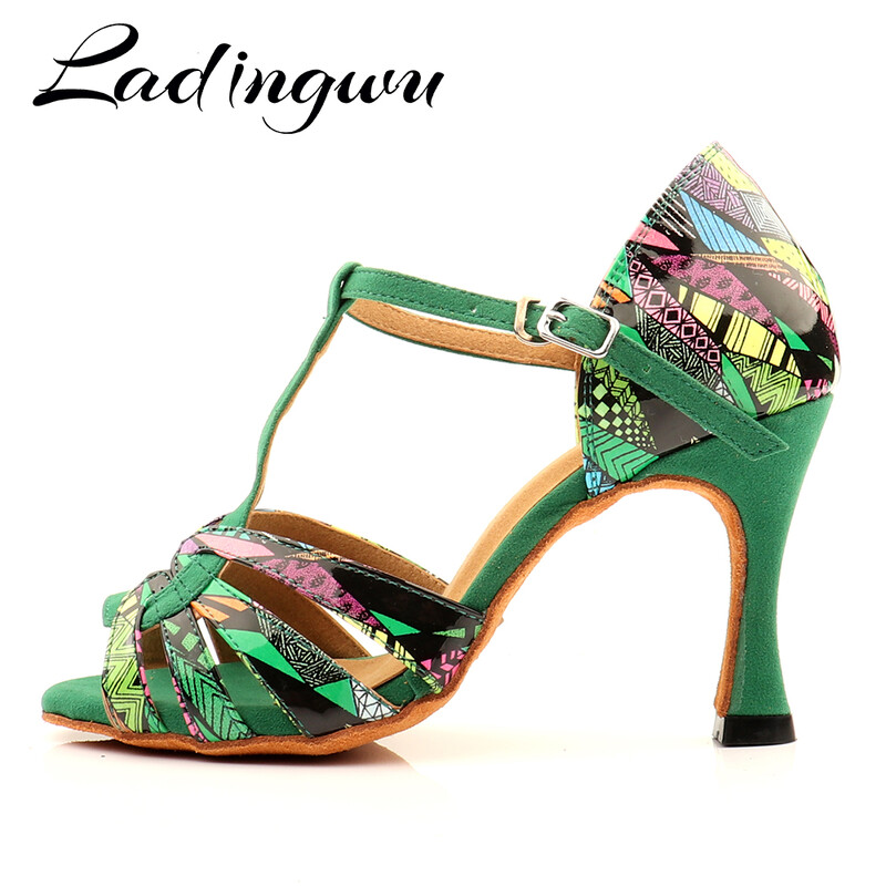 Ladingwu Hot Brand Pantofi de dans latino Salsa Femei Fete Pantofi de dans confortabil Sandale Pantofi colorați cu imprimeu geometric