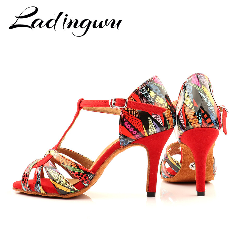 Ladingwu Hot Brand Pantofi de dans latino Salsa Femei Fete Pantofi de dans confortabil Sandale Pantofi colorați cu imprimeu geometric