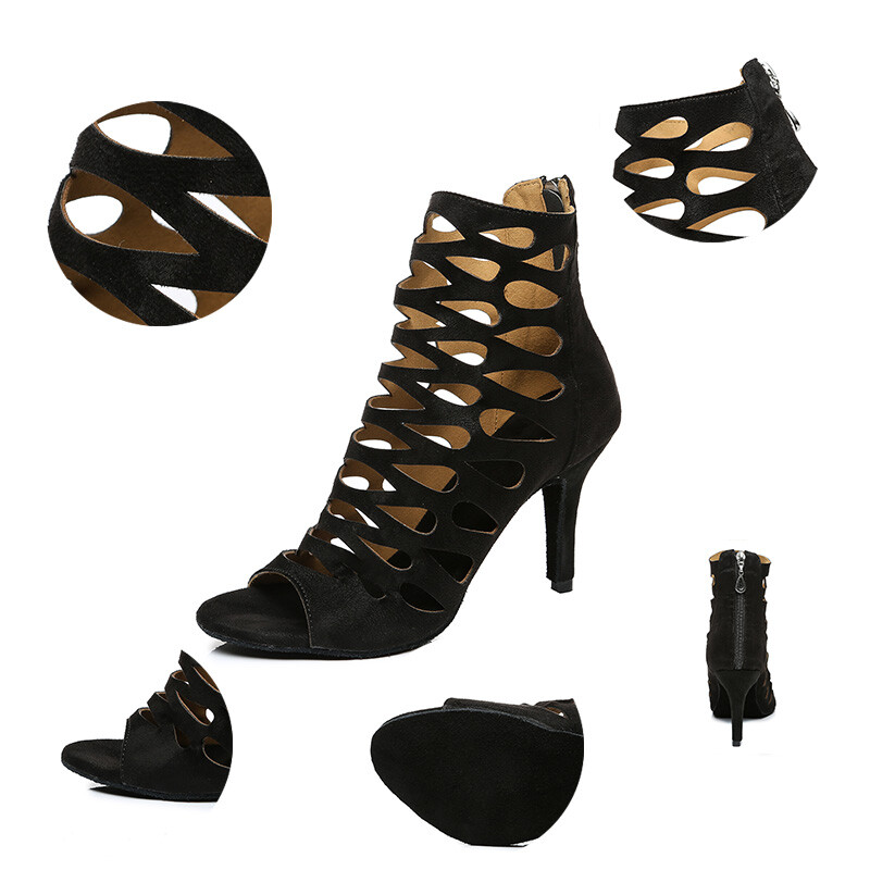 DKZSYIM Izgriezumi Latīņamerikas deju apavi Sieviešu augstpapēžu kurpes 6–10 CM balles tango/Salsas deju zābaki ar atvērtu purngalu deju apavi ar rāvējslēdzēju