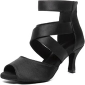 Juodi Lotynų Amerikos šokių batai moterims Profesionalūs satino minkštu padu aukštakulniai šokiai pobūvių salsa tango batų šou konkursas