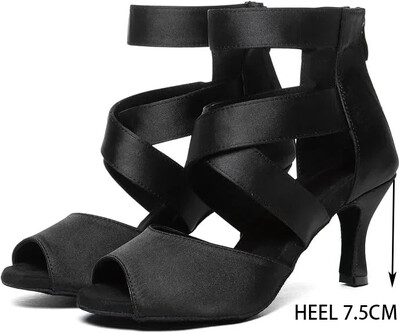 Juodi Lotynų Amerikos šokių batai moterims Profesionalūs satino minkštu padu aukštakulniai šokiai pobūvių salsa tango batų šou konkursas