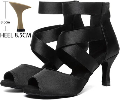 Juodi Lotynų Amerikos šokių batai moterims Profesionalūs satino minkštu padu aukštakulniai šokiai pobūvių salsa tango batų šou konkursas