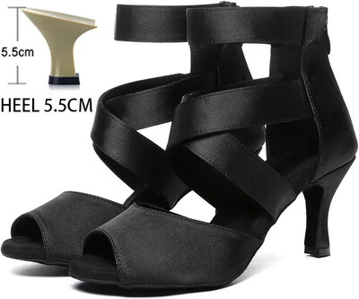 Juodi Lotynų Amerikos šokių batai moterims Profesionalūs satino minkštu padu aukštakulniai šokiai pobūvių salsa tango batų šou konkursas