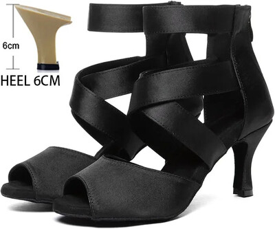 Juodi Lotynų Amerikos šokių batai moterims Profesionalūs satino minkštu padu aukštakulniai šokiai pobūvių salsa tango batų šou konkursas