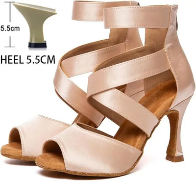 Juodi Lotynų Amerikos šokių batai moterims Profesionalūs satino minkštu padu aukštakulniai šokiai pobūvių salsa tango batų šou konkursas