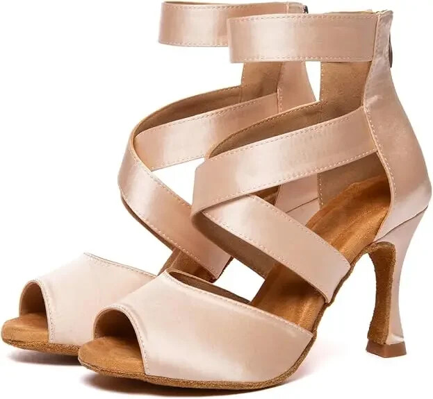 Juodi Lotynų Amerikos šokių batai moterims Profesionalūs satino minkštu padu aukštakulniai šokiai pobūvių salsa tango batų šou konkursas