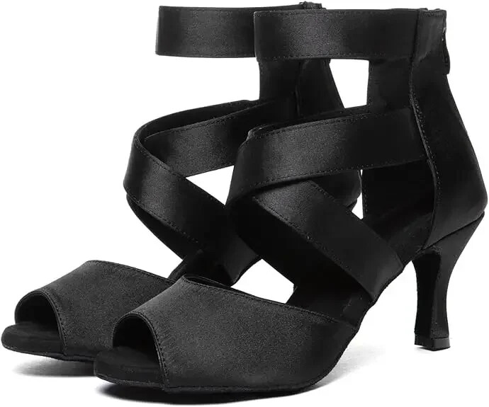 Juodi Lotynų Amerikos šokių batai moterims Profesionalūs satino minkštu padu aukštakulniai šokiai pobūvių salsa tango batų šou konkursas