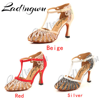 Ladingwu 2021 Нов стил Salsa Dance Shoes Woman Girls Latin Dance Shoes Velur Glitter Soft Bottom Ballroom Dance Shoes Dance San