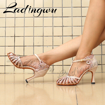 Ladingwu 2021 Нов стил Salsa Dance Shoes Woman Girls Latin Dance Shoes Velur Glitter Soft Bottom Ballroom Dance Shoes Dance San