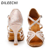 DILEECHI Moteriški šokių bateliai vakarėliams Satinas Blizgantis kalnų krištolas Minkšta apačia Latino šokių batai Moteriški Salsa Šokių Batai Odinis kulnas 9cm