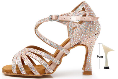 DILEECHI Moteriški šokių bateliai vakarėliams Satinas Blizgantis kalnų krištolas Minkšta apačia Latino šokių batai Moteriški Salsa Šokių Batai Odinis kulnas 9cm