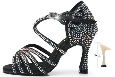 DILEECHI Moteriški šokių bateliai vakarėliams Satinas Blizgantis kalnų krištolas Minkšta apačia Latino šokių batai Moteriški Salsa Šokių Batai Odinis kulnas 9cm