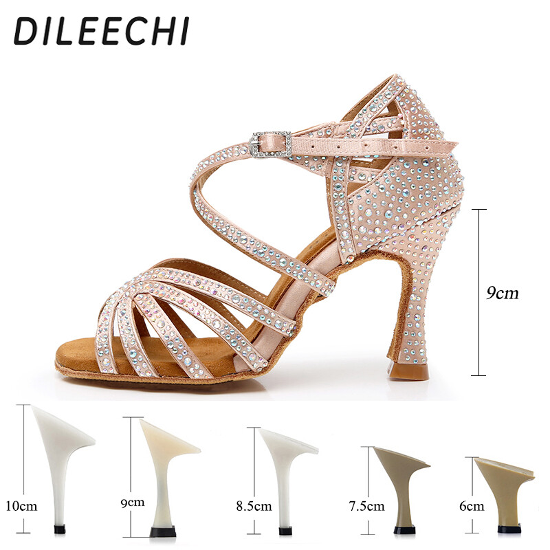 DILEECHI Moteriški šokių bateliai vakarėliams Satinas Blizgantis kalnų krištolas Minkšta apačia Latino šokių batai Moteriški Salsa Šokių Batai Odinis kulnas 9cm