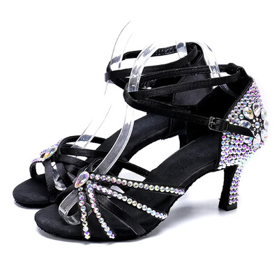Sieviešu ballīšu deju apavi Satīna mirdzoši rhinestones mīksta dibena latīņu deju apavi Sieviešu salsas deju apavi