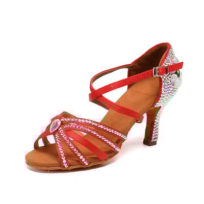 Sieviešu ballīšu deju apavi Satīna mirdzoši rhinestones mīksta dibena latīņu deju apavi Sieviešu salsas deju apavi