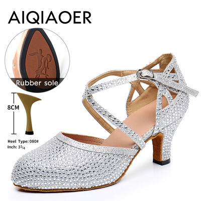 Lotynų šokių bateliai Lady Salsa Tango Ballroom vakarėlio sportbačiai Kalnų krištolinio akmens satino juodo sidabro mergina aukštakulniai lauko uždarai