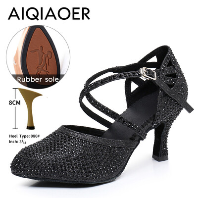 Lotynų šokių bateliai Lady Salsa Tango Ballroom vakarėlio sportbačiai Kalnų krištolinio akmens satino juodo sidabro mergina aukštakulniai lauko uždarai