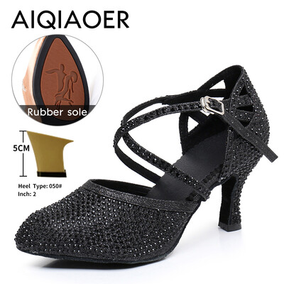 Lotynų šokių bateliai Lady Salsa Tango Ballroom vakarėlio sportbačiai Kalnų krištolinio akmens satino juodo sidabro mergina aukštakulniai lauko uždarai