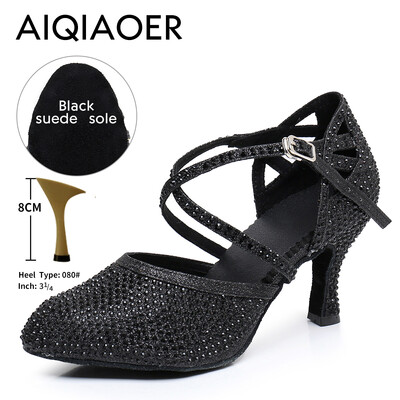 Lotynų šokių bateliai Lady Salsa Tango Ballroom vakarėlio sportbačiai Kalnų krištolinio akmens satino juodo sidabro mergina aukštakulniai lauko uždarai