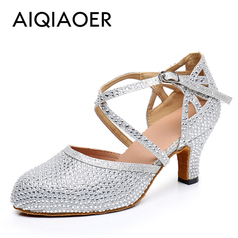 Lotynų šokių bateliai Lady Salsa Tango Ballroom vakarėlio sportbačiai Kalnų krištolinio akmens satino juodo sidabro mergina aukštakulniai lauko uždarai