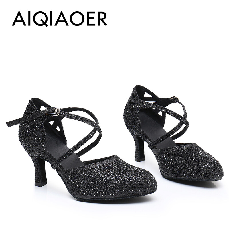 Lotynų šokių bateliai Lady Salsa Tango Ballroom vakarėlio sportbačiai Kalnų krištolinio akmens satino juodo sidabro mergina aukštakulniai lauko uždarai