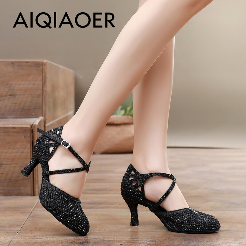 Lotynų šokių bateliai Lady Salsa Tango Ballroom vakarėlio sportbačiai Kalnų krištolinio akmens satino juodo sidabro mergina aukštakulniai lauko uždarai