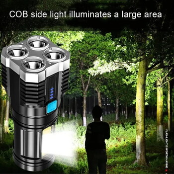 Ισχυρό φως LED φακός Camping Torch με 4 λάμπα και πλαϊνά φώτα COB Εξωτερικό επαναφορτιζόμενο φορητό φανάρι χεριού USB