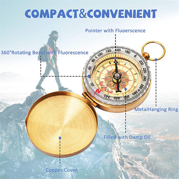 Compass Outdoor Camping Αδιάβροχη φορητή τσέπη πεζοπορίας ορειχάλκινη χρυσή χάλκινη πυξίδα πλοήγησης με οθόνη Noctilucence