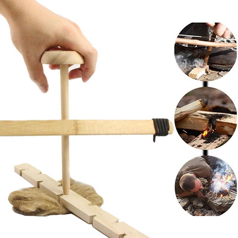 Nešiojamas Fire Bow Drill Kit Bow Drill Fire Starter Primitive Wood Outdoor Survival Practice Trinties įrankis, skirtas žygiams stovyklauti