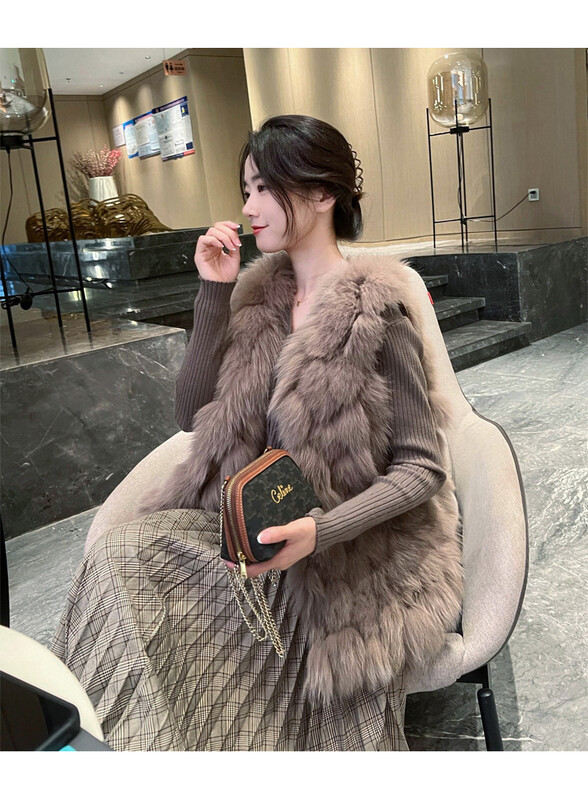 Jeseň a zima 2024, kórejský štýl, kožená vesta, univerzálna dámska štíhla vesta z imitácie líščej kožušiny, vrchné oblečenie, kardigan, bunda, módna