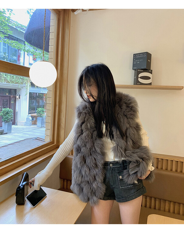 Jeseň a zima 2024, kórejský štýl, kožená vesta, univerzálna dámska štíhla vesta z imitácie líščej kožušiny, vrchné oblečenie, kardigan, bunda, módna