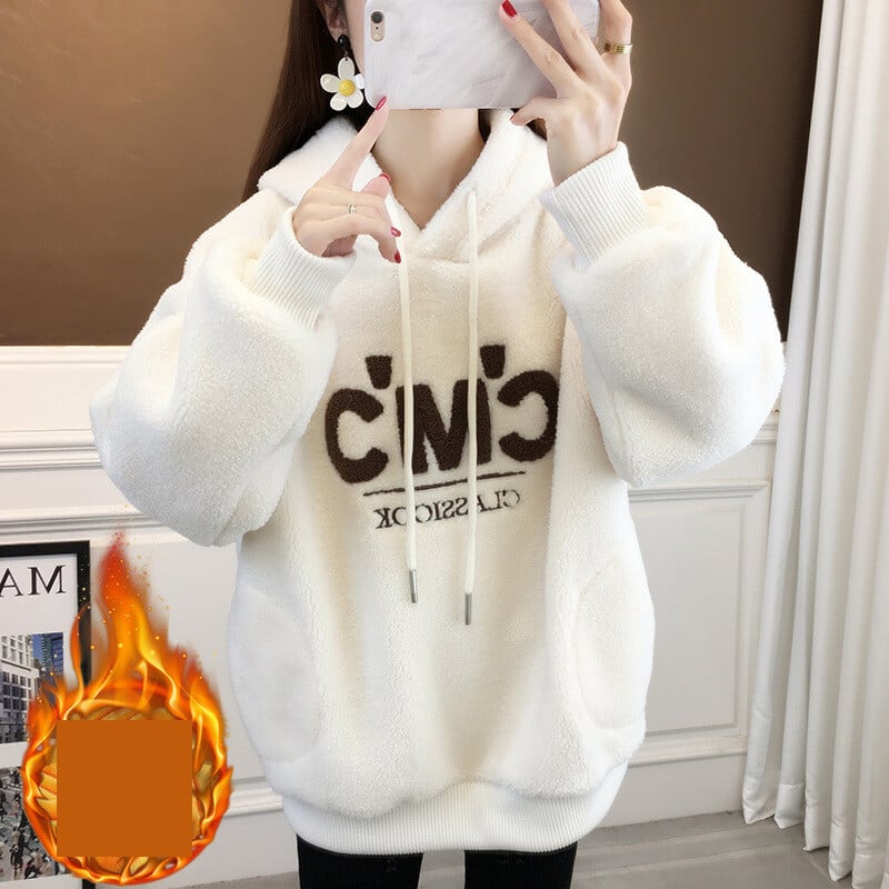 Moteriškas storas vilnos džemperis, 2024 m. Naujas žiemos karšto stiliaus mados laisvas grūdėtas aksominis užsienio stiliaus studentiškas džemperis