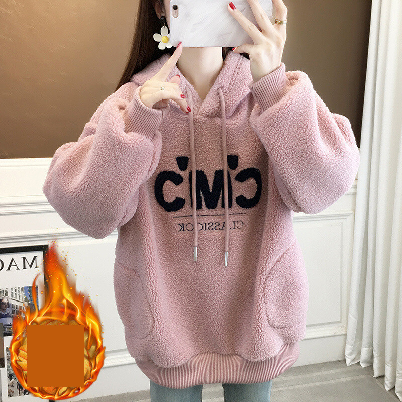 Moteriškas storas vilnos džemperis, 2024 m. Naujas žiemos karšto stiliaus mados laisvas grūdėtas aksominis užsienio stiliaus studentiškas džemperis