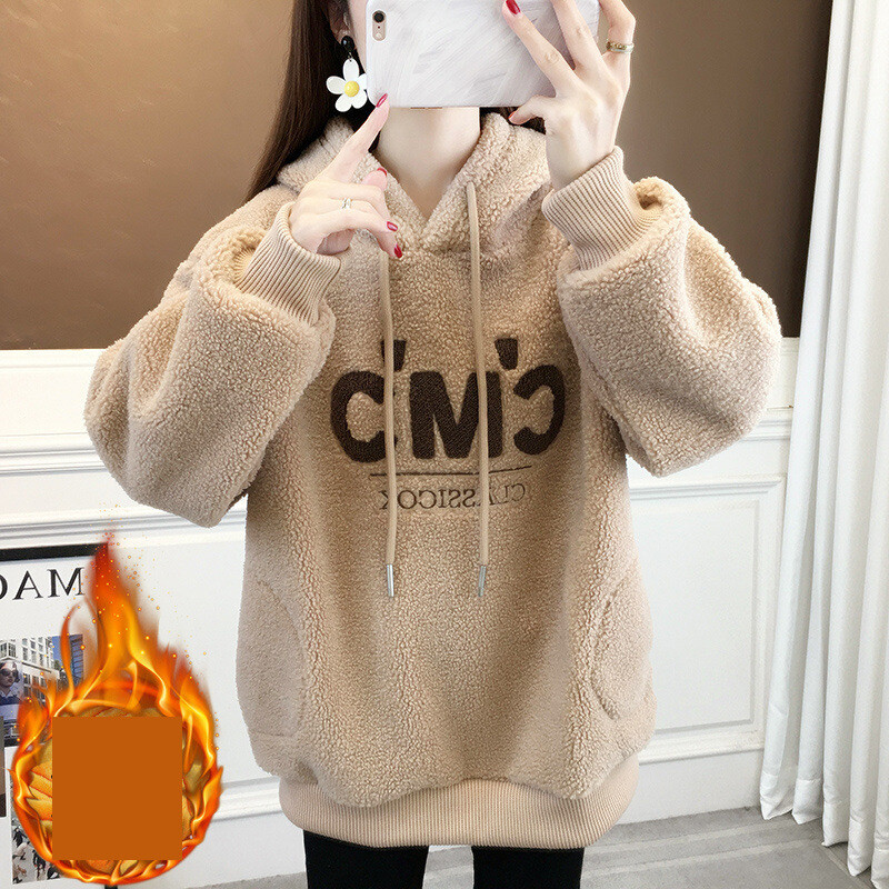 Moteriškas storas vilnos džemperis, 2024 m. Naujas žiemos karšto stiliaus mados laisvas grūdėtas aksominis užsienio stiliaus studentiškas džemperis