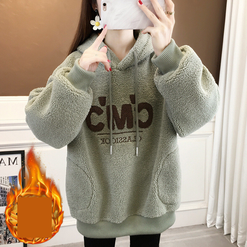 Moteriškas storas vilnos džemperis, 2024 m. Naujas žiemos karšto stiliaus mados laisvas grūdėtas aksominis užsienio stiliaus studentiškas džemperis