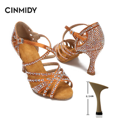 CINMIDY sieviešu latīņu deju apavi Rhinestones, mīkstas zoles salsas kurpes balles deju augstpapēžu kurpes Sieviešu sandales Sieviešu kāzu apavi