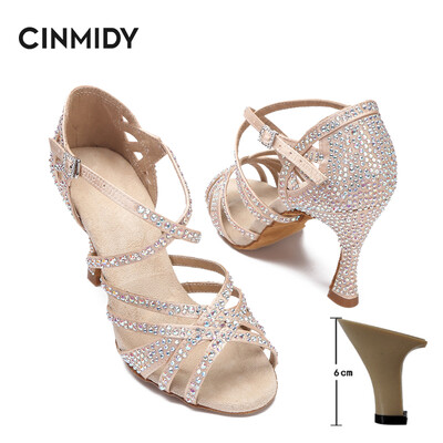 CINMIDY sieviešu latīņu deju apavi Rhinestones, mīkstas zoles salsas kurpes balles deju augstpapēžu kurpes Sieviešu sandales Sieviešu kāzu apavi