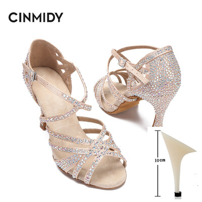 CINMIDY sieviešu latīņu deju apavi Rhinestones, mīkstas zoles salsas kurpes balles deju augstpapēžu kurpes Sieviešu sandales Sieviešu kāzu apavi