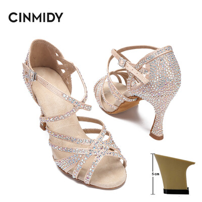 CINMIDY sieviešu latīņu deju apavi Rhinestones, mīkstas zoles salsas kurpes balles deju augstpapēžu kurpes Sieviešu sandales Sieviešu kāzu apavi